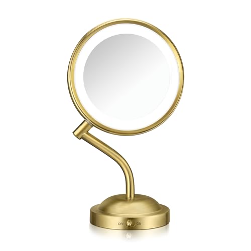 Conair Lighted Makeup Mirror, LED Vanity Mirror, 1X/5X Magnifying Mirror, Battery Operated in Brushed Brass