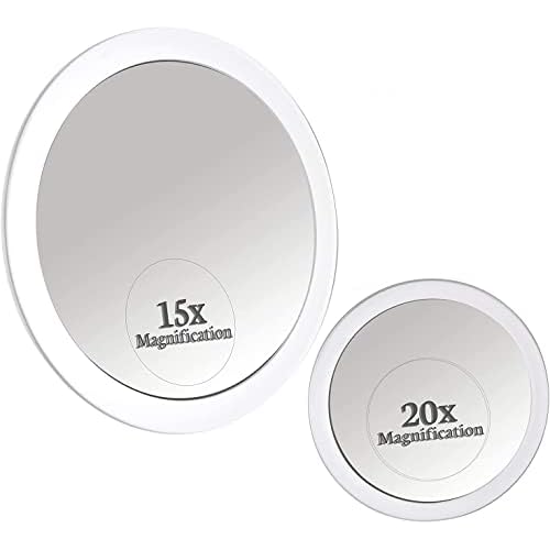 20X & 15X Magnifying Makeup Mirror Set with 3 Suction Cups Each - Compact & Travel Ready & Large Hand Held Mirror with Comfy Handle for Women and Men - Personal Barber Haircut Mirror