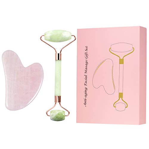 Rockcloud Natural Crystal Jade Roller and Gua Sha Scraping Set Massager Tool for Anti Aging Beauty Neck Body Reduce Wrinkles Facial Massager Therapy Xiuyan Jade and Rose Quartz Crystal Stone