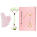 Rockcloud Natural Crystal Jade Roller and Gua Sha Scraping Set Massager Tool for Anti Aging Beauty Neck Body Reduce Wrinkles Facial Massager Therapy Xiuyan Jade and Rose Quartz Crystal Stone