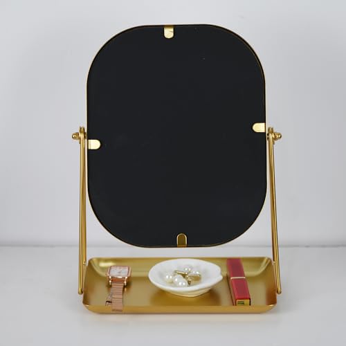 360 Degrees Rotating Metal Makeup Mirror with Storage, Vanity Mirror for Desk, Bathroom, Bedroom, Dressing Table (Gold)
