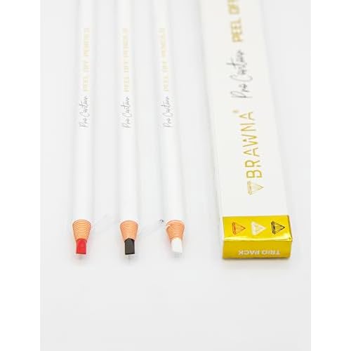 BRAWNA 3 Pcs Pro Contour Peel-Off Pencils - White, Black & Red - Wax Mapping Pencils for PMU, Microblading & Brow Artists - Precision Pre-Draw, Symmetry Mapping & Design Outlining - Long-Lasting