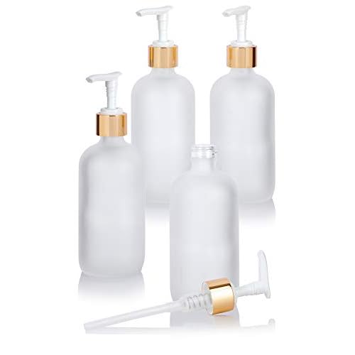 JUVITUS (4 pack) 8 oz Clear Frosted Glass Boston Round Bottle with Gold Lotion Pump