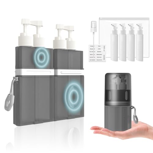 4 in 1 Travel Dispenser Bottle, TSA Approved Refillable Shampoo and Conditioner Bottles Set with Suction Cup for Smooth Walls, Travel Size Toiletries Container for Body Wash/Lotion.(Pink+Grey) 2P