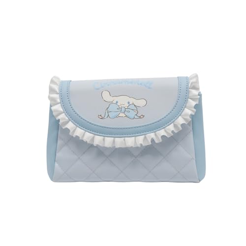 Impressions Vanity Cinnamoroll Lovely Ribbon Ruffled Cosmetic Pouch with Detachable Wristlet, Faux Saffiano Leather Travel Toiletry Bag with Satin Ruffle Trim, Inner Slip Pocket, and Silver Hardware