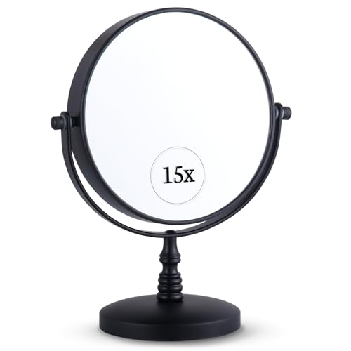 15X Magnifying Tabletop Mirror on Stand - Dual Sided 15x and 1x Cosmetic Mirror for Desk, Dressing Table, Bathroom Countertop - 6" Wide & 9" Tall (Black)