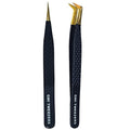 2pcs Black Straight and L-Shaped (Boot) Gold Pointed Eyelash Tweezers for Lash Extension - Stainless Steel Precision Tweezers for Volume and Classic Lashes - False Eyelash Extension Kit.