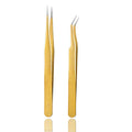 Tvoip 2 Pcs Gold Stainless Steel Tweezers for Eyelash Extensions, Straight and Curved Tip Tweezers Nippers, False Lash Application Tools