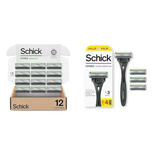 Schick Hydro Sensitive Razor Refills 12ct and Ultra Sensitive Razor 1 Handle 4 Cartridges Shaving Kit for Men