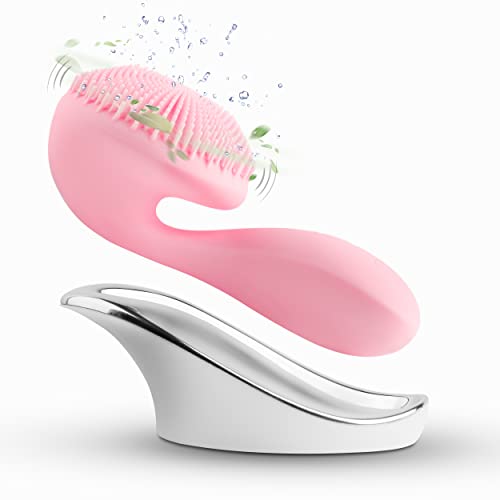 Silicon Facial Cleansing Brush - Electric, Rechargeable, Waterproof IPX7 - Rotating Magnetic Beads - 4 Function Modes - Face Massage for Deep Cleaning - Magnetic Charging Base - Ergonomic Handle