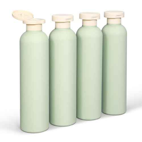 DEMORA 8.8oz Large Travel Bottles for Toiletries, Leak Proof Plastic Travel Squeeze Bottles Refillable Toiletry Containers with Flip Caps and Labels for Shampoo Conditioner Body Wash (Green, 4 Pcs)