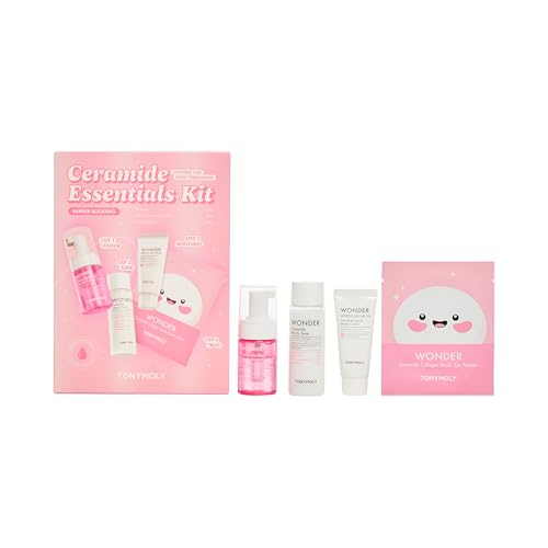 TONYMOLY Wonder Ceramide Mochi Essentials 4-Piece Skincare Set ? Travel Toner, Cleanser, Cream & Eye Patches, Hydrating Korean Skincare Kit