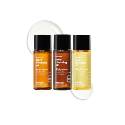 Hanskin PHA/BHA/AHA Trial Size Pore Cleansing Oil, Gentle Blackhead Cleanser and Makeup Remover for Combination and Oily Skin Travel Size Mini Makeup Remover Set [1 oz/Pack of 3]