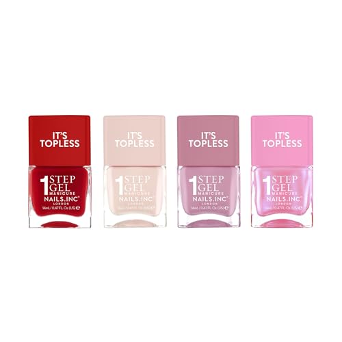 Bundle of Nails Inc It's Topless Gel-Like Nail Polish, 4-in-1 Base Coat, Treatment, Color & Top Coat, Long Lasting, Strong, Chip Free Nails, Glossy Salon Quality Manicure, Air Dry,4 Piece Variety Pack