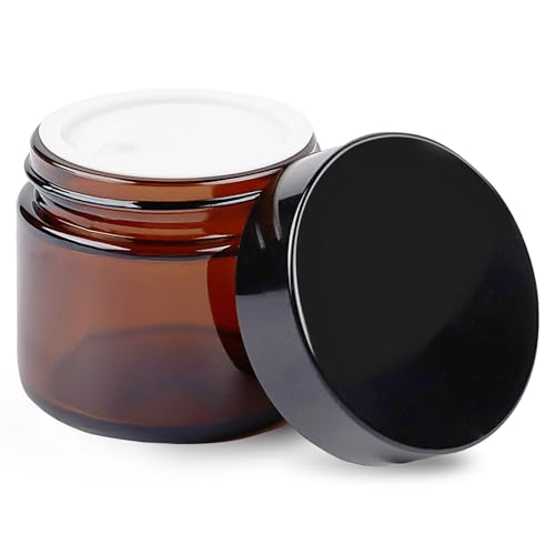 TUZAZO 2 Oz Thick Amber Round Glass Jars with Inner Lids and Black Lids, 24 Pack Small Empty Candle Making Jars/Cosmetic Containers for Lotions, Creams, Body Butters, Essential oil Beauty Products