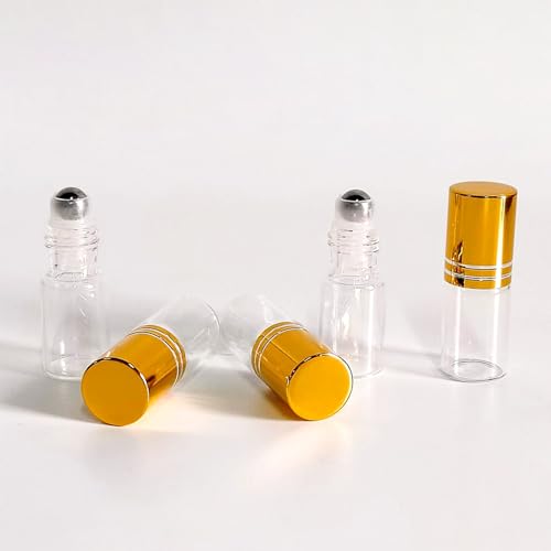 50 PCS Essential Oil Roller Bottles 3ml Clear Glass Roller Bottles with Stainless Steel Roller Ball,Gold Caps,for Travel Perfume-2 Funnels, 2 Dropper, 1 Opener(3ml)
