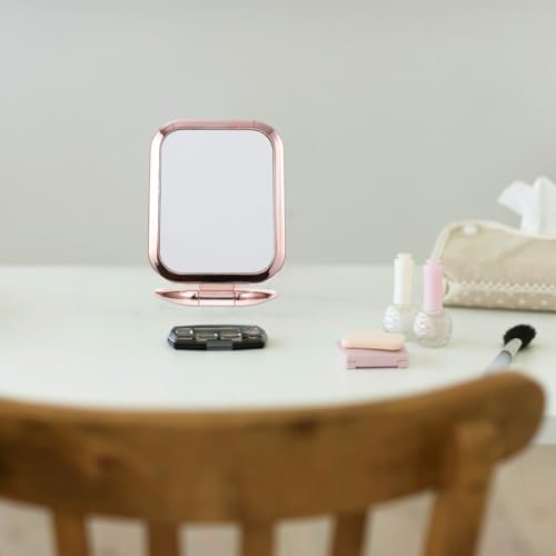 Travel Makeup Mirror Portable Folding Mirror Double Sided Tabletop Mirror Rose Gold Hand Vanity Mirror with Adjustable Stand