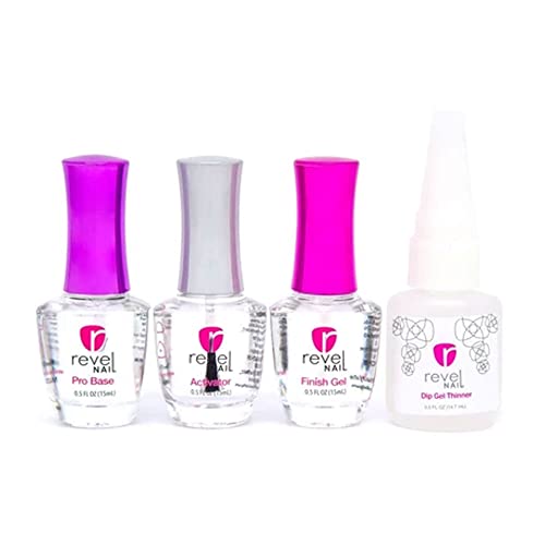 Revel Nail Dip Powder Liquid Set, Base Coat, Activator, Finish Gel & Gel Thinner, 0.5oz, Made in USA