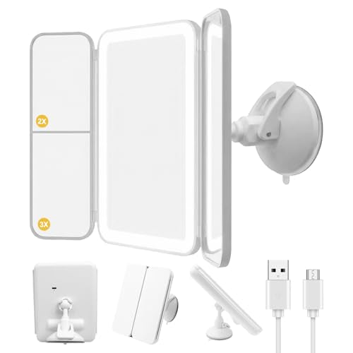 Trifold LED Vanity Mirror with Lights, Bathroom Shower Mirror with Powerful Suction Mount, Rechargeable Makeup Mirror with 2X/3X Magnification, 3 Color Lights & Brightness Adjustable