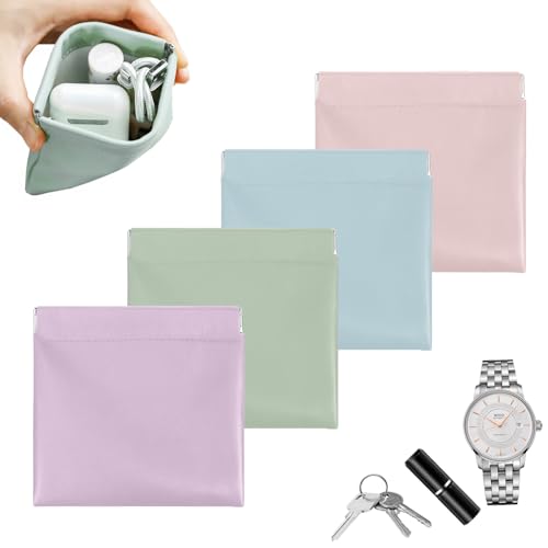 Layway 4 PCS Small Makeup Bag for Purse, Personalized Snap Closure Leather Organizer Pouch, Waterproof Portable Self-Closing Small Cosmetic Bags for Women Handbag Travel Coin Storage (4.72in*4.72in)