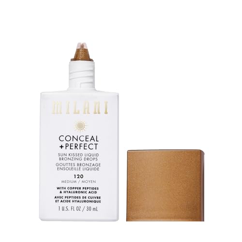 Milani Bronzer- Sun Kiss Bronzing Drops, Conceal + Perfect Liquid Bronzer for Sheer, Weightless Coverage & Hydration enriched with Peptides & Tripeptides - Medium