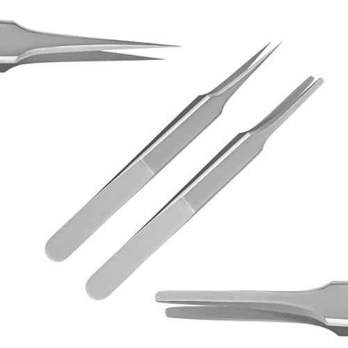 Splinter Forceps - Fine Point - Tweezers Stainless Steel Straight & Curved (Set of 8 Pcs W Magnifying Glass)