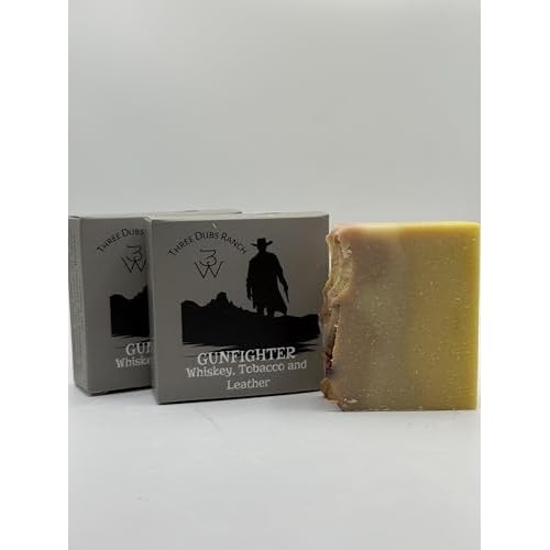 Gunfighter: Handmade All-Natural, Goat Milk Soap Bars made with Tallow, For Hands & Body. Leather, Tobacco, Whiskey scented Soap Bars. Made in Texas. (3.5 oz Bar 3 Pack)