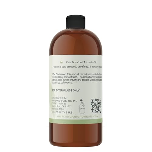 Avocado Oil - Pure, Unrefined, Partially Filtered, Non-GMO, Vegan, Fair Trade, Cold Pressed Peel, Bulk Carrier - 32 oz - for Skin, Hair, Nails, Body & More! Hydrating, Nourishing, Moisturizing