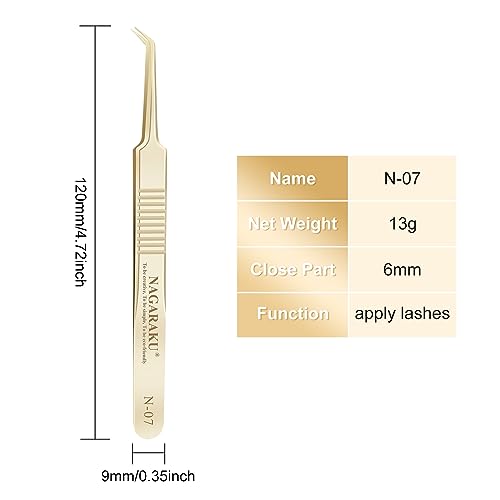 NAGARAKU Tweezers for Eyelash Extensions Gold Curved Angled Volume Cluster Super Light Weight Easy Fanning Tweezers Stainless Steel Precision (N-07)