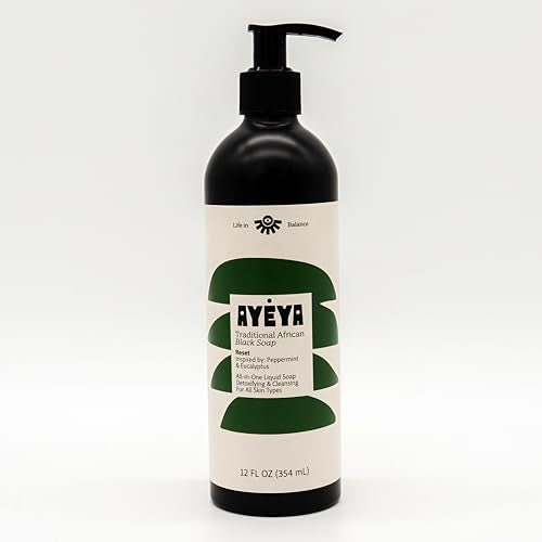 AY?YA Liquid African Black Soap ? Reset | Peppermint, Eucalyptus & Neem Oil | Detox Vegan Face & Body Wash for Acne, Oil & Pores | Cleanser with Shea | Handmade in Ghana | 12 Fl oz