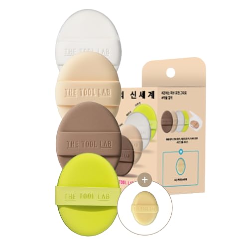 THE TOOL LAB Long-lasting Tension Puff 4P Set, Glow + Cover + Airy + Aqua, Liquid Cushion Foundation, Rubycell Makeup Sponge for Hydrating & Smooth Coverage, Korean Makeup (4P, 2.6 inch, Oval)