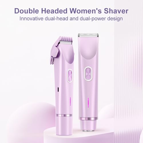 Women's Electric Shaver Bikini Trimmer for Women Razors 2-in-1 Dual Head Design IPX7 Waterproof Wet & Dry Use Body Groomer Hair Trimmer Remover for Facial Underarm Arm Face Leg Bikini (Purple)