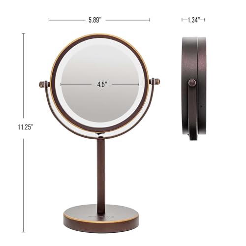 OVENTE 6" Lighted Makeup Mirror with 1X/7X Magnification, Cordless Tabletop Mount Vanity Round Mirror with 360¡Æ Swivel Design and Double Sided Cool Tone LED Ring Light, Antique Bronze MLT60ABZ1X7X