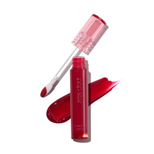Glossy Lip Stain ? Plumping Hydrating Lip Oil Tint with Hyaluronic Acid & Peptide Complex ? Non-Sticky High Shine Pigmented Finish ? Pop Star (Red) 0.11 oz.