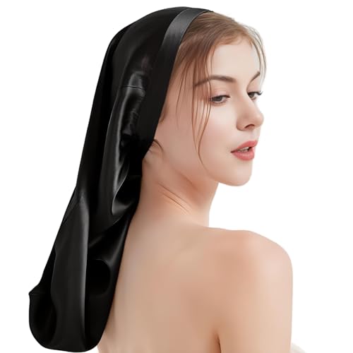 19 Momme 100% Mulberry Silk Cap for Sleeping Women,Adjustable Long Silk Bonnet for Curly Hair Elastic Night Cap