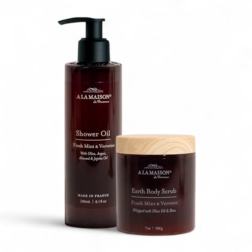 A La Maison Amber Starter Kit - Shower Oil + Body Scrub Fresh Mint & Verveine ? Gently Exfoliates & Softens Skin ? French Formula, Plant-Based