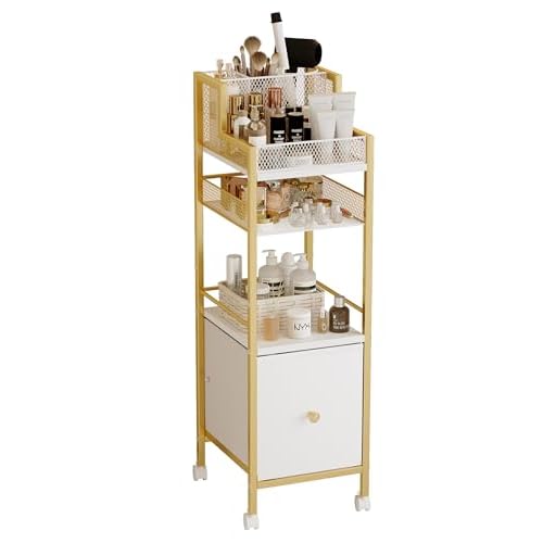 Makeup Organizer Storage Cart with Drawers, Large Floor Makeup Skincare Organizers, Rolling Makeup Cart Vanity Organizer Cosmetics Display Cases Holder for Nail Polish Brush Hair Tool£¨Gold£©