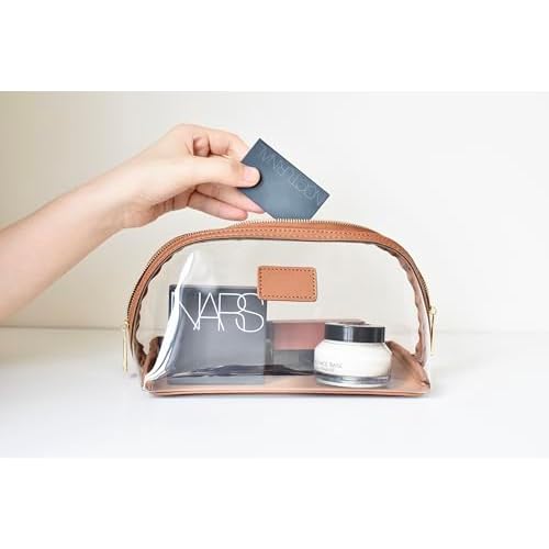 Clear Makeup Bag, Leather Makeup Case, Travel Toiletry Bag, Portable Cosmetic Bag, Transparent Waterproof Cosmetic Organizer Storage Bag (Brown, Large)