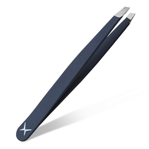 Professional Slant Tip Tweezers - Precision Stainless Steel Eyebrow Plucking Tool for Women and Men, Ingrown Hair Remover, Facial Hair Tweezers for Grooming (Velvet Navy)