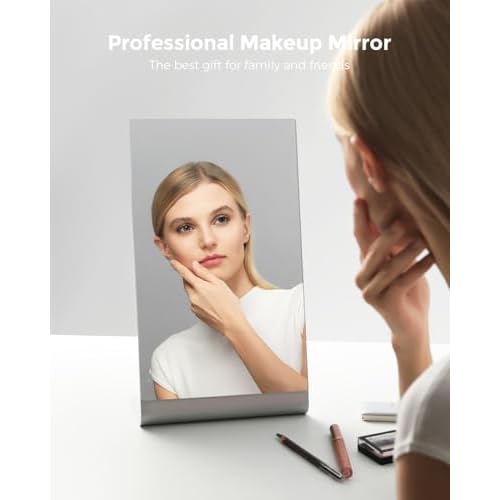 Frameless Makeup Mirror for Desk, 15 x 8.5 Inch Aluminum Standing Table Mirror, Large Counter Top Mirror