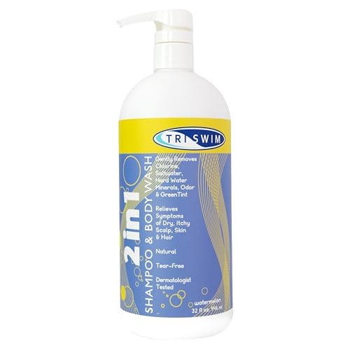 TRISWIM 2-in-1 Chlorine-Out Shampoo & Body Wash 32oz | Removes Chlorine, Saltwater, Hard Water Minerals, Copper, Green Tint | Vegan, Tear-Free, No Parabens | Watermelon Scent