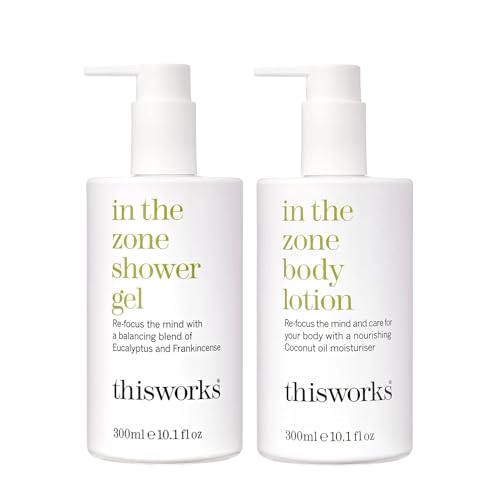 This Works In The Zone Body Lotion & Shower Gel Set: Hydrating Moisturizer & Refreshing Body Wash with Essential Oils, Eucalyptus & Frankincense, Vegan, 10.1 oz Each
