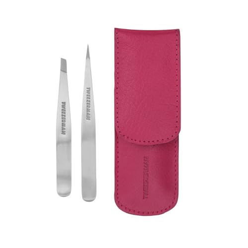 Tweezerman Petite Tweeze Set with Travel Case - Point and Slant Tweezers, Tweezers for Travel (Pink Case)