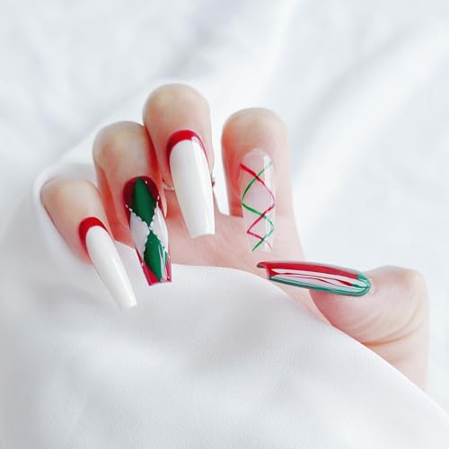 Nails Handmade Press on Nails Long Coffin | Handmade Nails with Christmas Theme | Reusable fake Nails with Unique Designs | False Nails 10 Pcs (Christmas Theme, M)