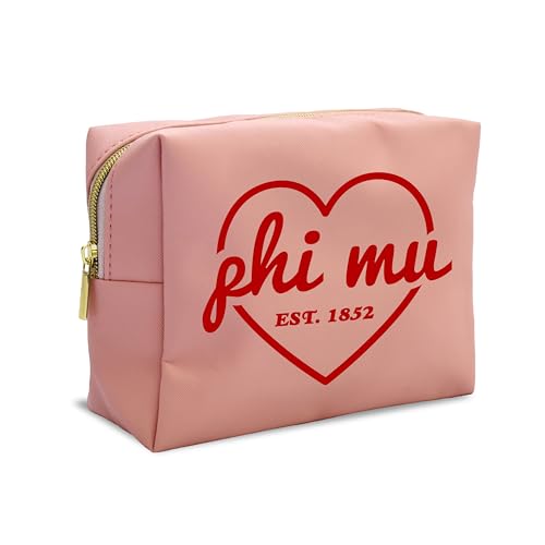 Sorority Shop Phi Mu Makeup Bag - Multi-Purpose PU Leather, Water-Resistant Makeup travel bag with Licensed Design and Zipper Closure, Perfect Phi Mu Sorority Gifts for Women