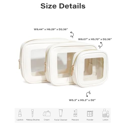 3Pcs Clear Makeup Bag Set for Women, Waterproof Travel Clear Makeup Bag Small Toiletry Bag Skincare Pouch Portable Travel Cosmetic Bag with Zipper Compact Car Organizer Bag for Essentials (White Set)