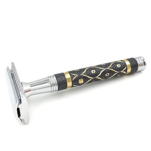 Parker 65R Super Heavyweight Double?Edge Safety Razor ? Sandstone?Textured Brass Handle for Precise Grip & Control, 4" Long Handle ? Includes 5 Premium DE Blades