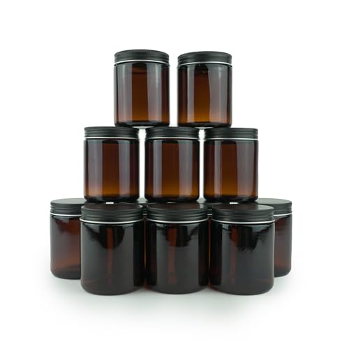 Glass Amber 8oz Jar - 12 Packs, Empty Round Jars For Beauty Products, Lotion, and Powders - Black Lid - Small Candle Jars