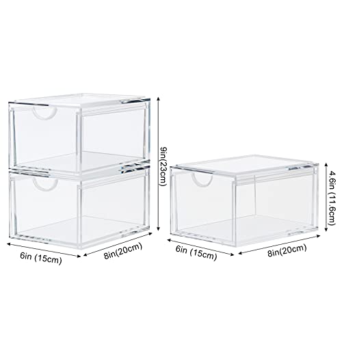 2 Pack Stackable Cosmetic Organizer Drawers, Clear Acrylic Makeup Storage Organizer Box, Plastic Storage Bins Vanity Container for Bathroom Countertop, Bedroom Dresser, Kitchen Cabinets
