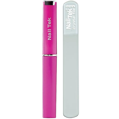 Nail Tek Crystal File - Glass Nail File with Case, Durable & Gentle for Natural Nails, Travel-Friendly Design, Fuchsia, Mini 3"